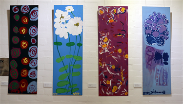 Left to Right: Ashley WHENNEN NO IDEA Ashleigh FERGUSON  DAISY  Fionna O DEA  BLOOMS Brandie HANSEN  FLOWER AND THE SUN Acrylic on board