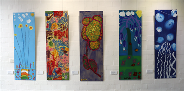 Left to Right: Bernadette WOOD DAFFODILS All Students GO FOR IT Sandra FREE THE ROSE Sarah-Jane WHITING THE BLUEBELL GARDEN Ashley WHENNAN UNTITLED Acrylic on board