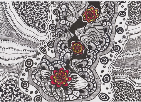 Artist work in black and white lines, circles, dashes, and dots. Three red and yellow flower shapes, feature in the middle.