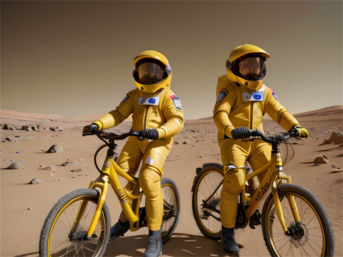Two people in yellow suits on yellow bikes in a desert landscape