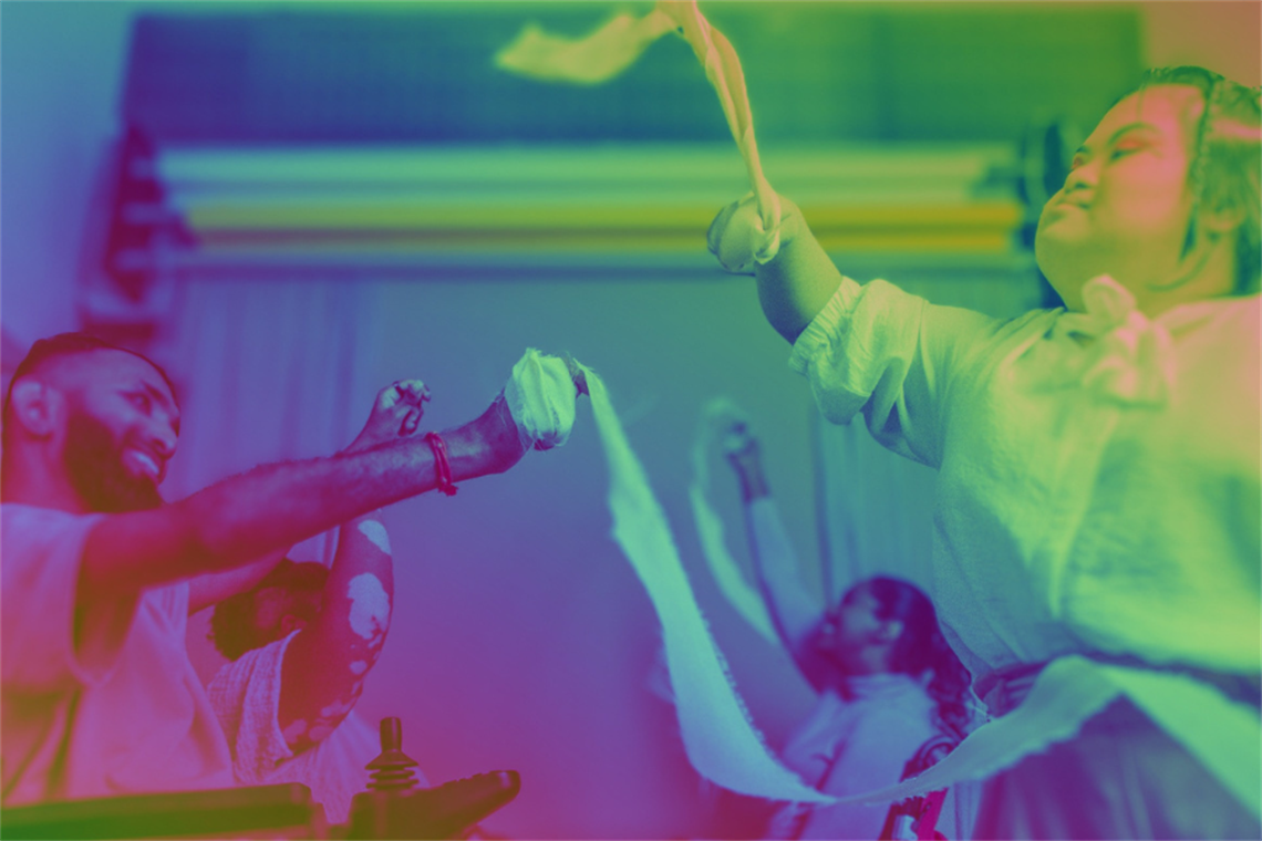 Four people with diverse body types performing a dance together