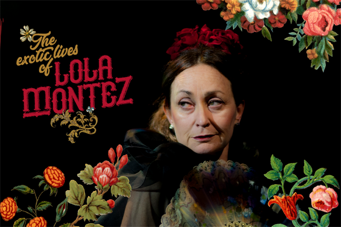 Lola Montez looking away from the camera dressed in black with a red flower crown and the words 'The exotic lives of Lola Montez'