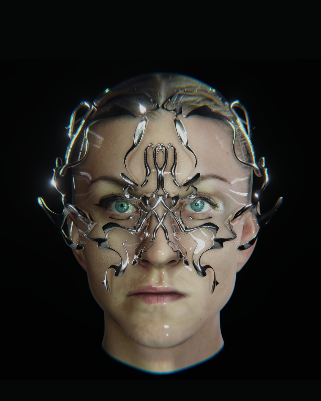 Portrait of ZIVA with a biomechanical metal headpiece 
