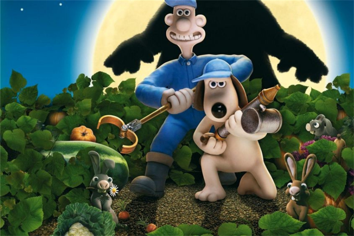 Wallace and Gromit are searching for the were-rabbit in a spooky looking vegetable patch with a big full moon behind them. 