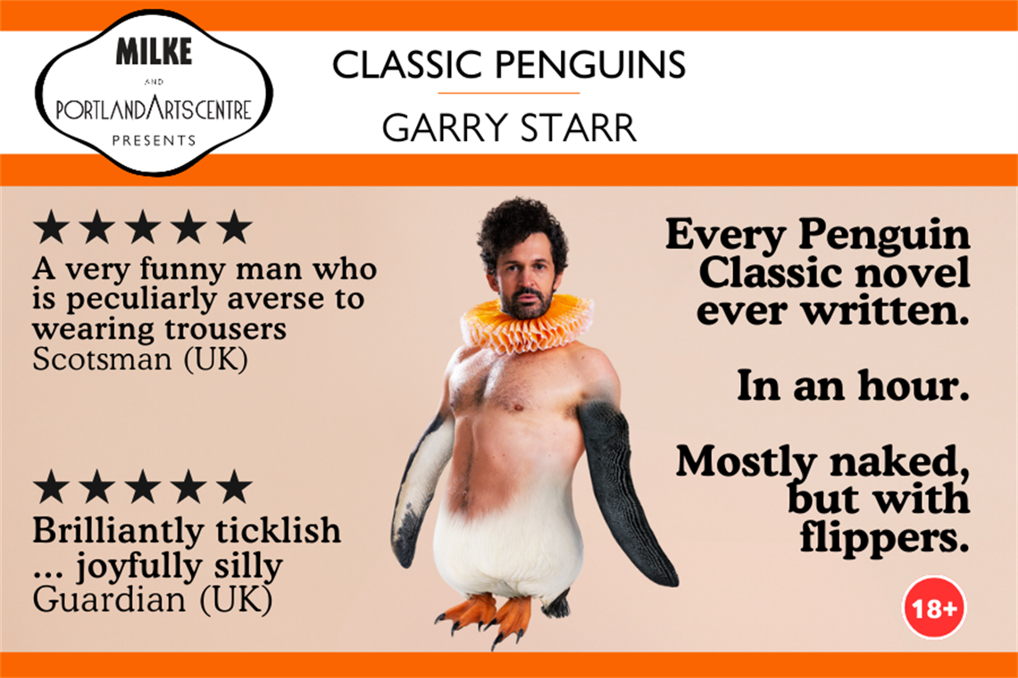 This image is designed to look like a Penguin Classic novel. It features a surreal image of Garry Starr with his trademark bare chest and Elizabethan neck ruff, but his arms and legs have morphed into penguin flippers. 