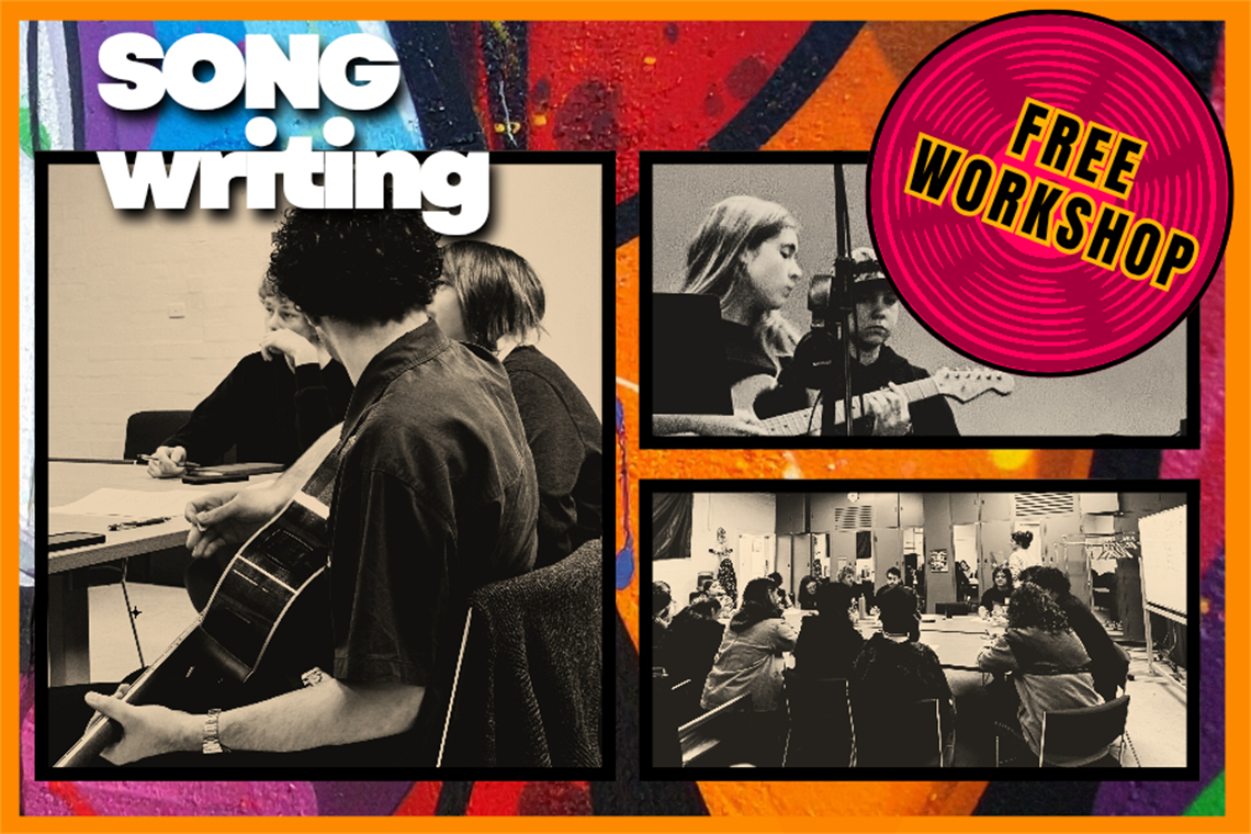 A collage of participants at previous songwriting workshops